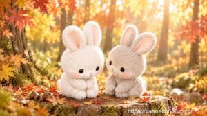 秋の森の切り株に並んで座り、寂しかった気持ちを打ち明けるこまちちゃんと、優しく話を聞くめいたくん。