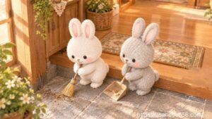 こまちちゃんとめいたくんが小さなほうきで玄関前の落ち葉を仲良く掃き集めているイラスト