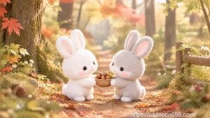 やさしの森で、木の実のかごを受け取り、優しい目で見つめ合うこまちちゃんとめいたくん