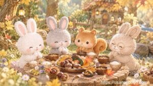 秋の実りが並んだ食卓を囲み、いただきますと手を合わせるこまちちゃん、めいたくん、むったちゃん、よしのおばあちゃん