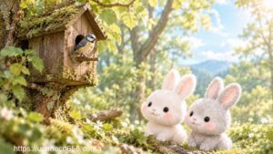 昔の森の仲間が残した古い巣箱で暮らす小鳥を、こまちちゃんとめいたくんが優しく見守っている