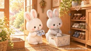 夏用のサンダルを大切に収納するこまちちゃんと、靴箱の整理を手伝うめいたくんのイラスト