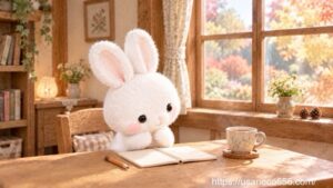 木の窓辺の机で開いたノートを見つめ、自分の気持ちを振り返る白うさぎのこまちちゃん