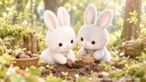 未来の森の仲間たちのために、小さな木の実を土に植えるこまちちゃんと水を用意するめいたくん