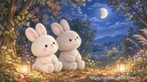 秋の森の夜、2つの小さなランタンに照らされた落ち葉の中で、こまちちゃんとめいたくんが少し欠けた月を静かに見上げている風景