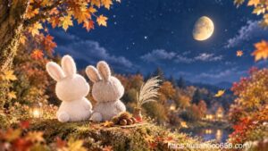 十三夜の月を見上げるこまちちゃんとめいたくん。ススキと栗を供えた秋のお月見の風景