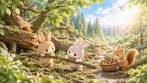 嵐のあと、倒れた枝を片づけながら協力してやさしの森を守る昔の動物たち