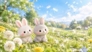 風に乗って森の奥へ飛んでいくたんぽぽの綿毛を見守り、未来へ続く命を感じるこまちちゃんとめいたくん