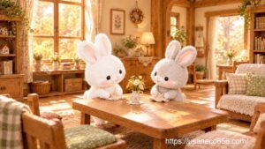 木のおうちのリビングで、こまちちゃんとめいたくんがテーブルを片づけ、心地よい空間を整えている様子。