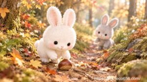 秋の森の小道で落ちている栗を見つけたこまちちゃんと、そばで見守るめいたくん
