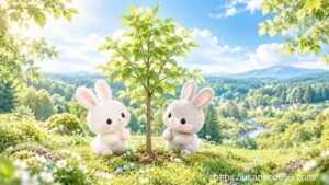 未来の森の仲間たちのために、小さな木の実を土に植えるこまちちゃんと水を用意するめいたくん