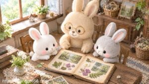 よしのおばあちゃんの古い思い出帳を囲み、昔のやさしの森と家族の歴史を知るこまちちゃんとめいたくん