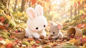 秋の森で、白うさぎのこまちちゃんが、かごから散らばった木の実をねずみさんと一緒に拾っている。