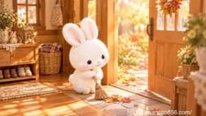 木のおうちの玄関で、こまちちゃんがほうきを使って床を掃き、靴を整えている様子。