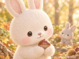 手のひらに乗せたひとつの栗を見つめて微笑むこまちちゃん。秋の森を背景にした風景
