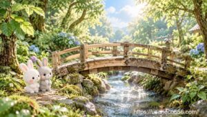 昔の仲間たちから受け継がれ修復された木の橋を見つめ、平和な森の暮らしを大切に思うこまちちゃんとめいたくん