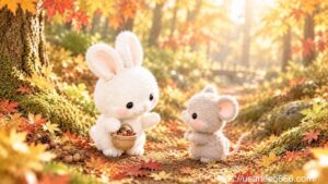 秋の森で、こまちちゃんがねずみさんに自分にできる範囲を穏やかに伝え、互いを尊重している様子。