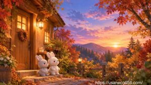 掃除を終えた玄関先で、こまちちゃんとめいたくんが夕日に染まる森を眺め、住まいを大切にする心を表現したイラスト
