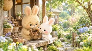 よしのおばあちゃんから昔の木製の道具を見せてもらい、受け継がれた暮らしの知恵を学ぶこまちちゃん