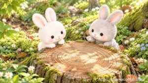 古い切り株の年輪に触れ、長い年月と命のつながりを感じるこまちちゃんとめいたくん