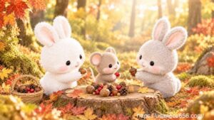 秋の森でこまちちゃん、めいたくん、ねずみさんが木の実を分け合い、互いに感謝しながら過ごす様子。