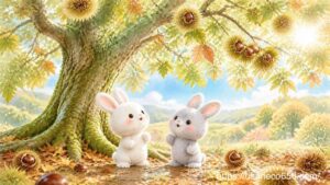 栗の木を見上げるこまちちゃんとめいたくん。太陽や雨、土や葉に育まれる秋の栗