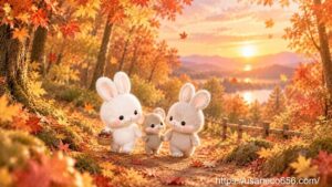 夕焼けに染まる秋の森で、こまちちゃんとねずみさんとめいたくんが並んで仲良く歩いている物語の結びの場面