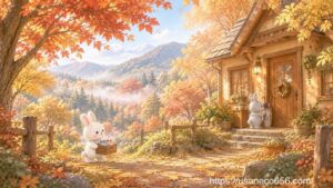 霜降のころの紅葉したやさしの森で、こまちちゃんとめいたくんが玄関の冬支度を始めるイラスト