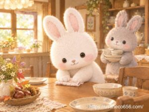 食事の前に木のテーブルを丁寧に拭いて整えるこまちちゃんと、食器を運ぶめいたくん