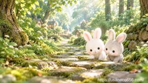 昔の森の仲間たちが整えた苔むした石畳の道に触れ、先人の努力を感じるこまちちゃんとめいたくん