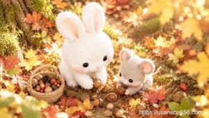 秋の森で、こまちちゃんとねずみさんが木漏れ日の下で一緒に木の実を拾う、思いやりを表したイラスト。