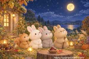 十三夜の月を見上げるこまちちゃん、めいたくん、むったちゃん、吉野おばあちゃん。手前には秋の実りとひとつの栗