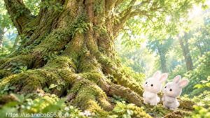 何百年もやさしの森を見守ってきた大樹の根元で、こまちちゃんとめいたくんが木の歴史を感じている