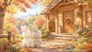 秋のやさしの森で、こまちちゃんとめいたくんが玄関掃除を始める前に家の入り口を眺めているイラスト