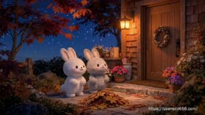 秋の夕暮れ、温かな玄関灯に照らされたこまちちゃんの家を眺めるこまちちゃんとめいたくんのイラスト